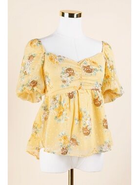 Sz S Promesa Sunshine Yellow Sweetheart Puff Sleeve Chiffon Peplum Top NWT